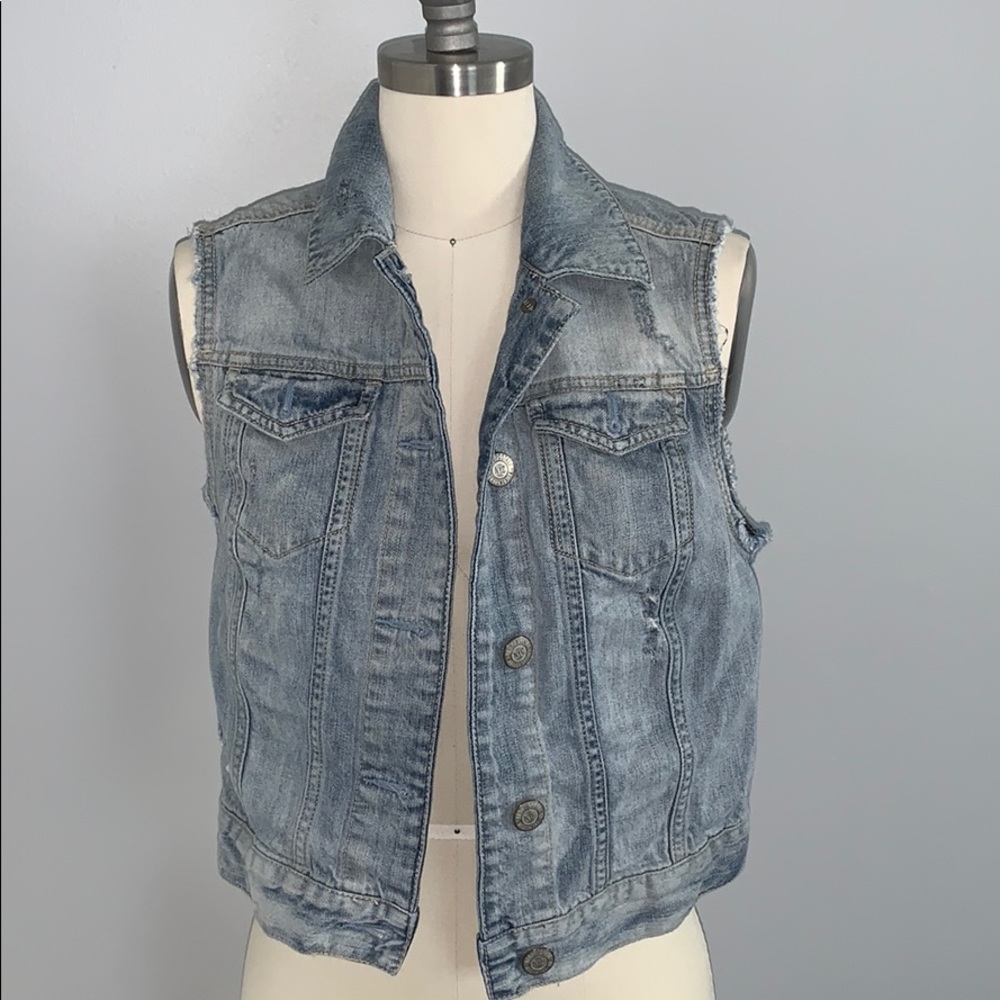 Aeropostale Denim Distress Vest with Crochet Back